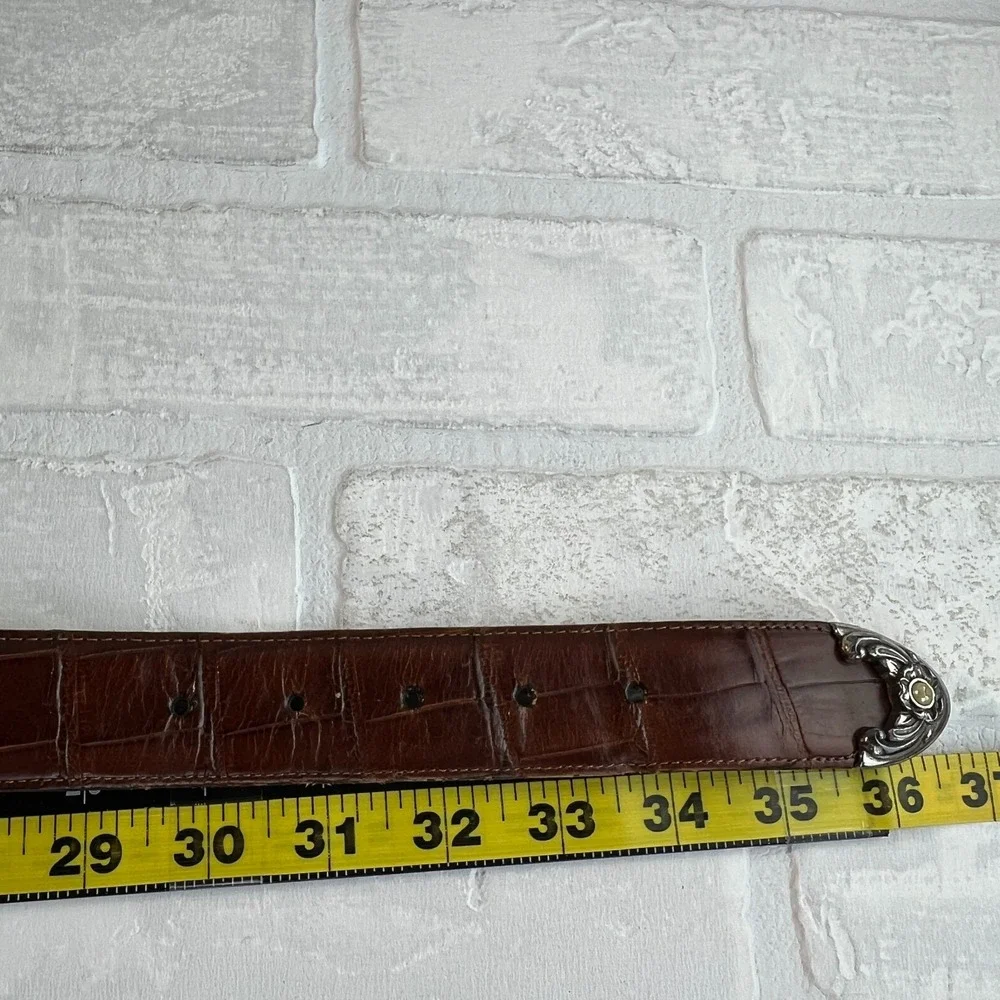 Brighton Belt Womens Medium Brown Croc Embossed Ornate Silver Buckle Pearls 1996